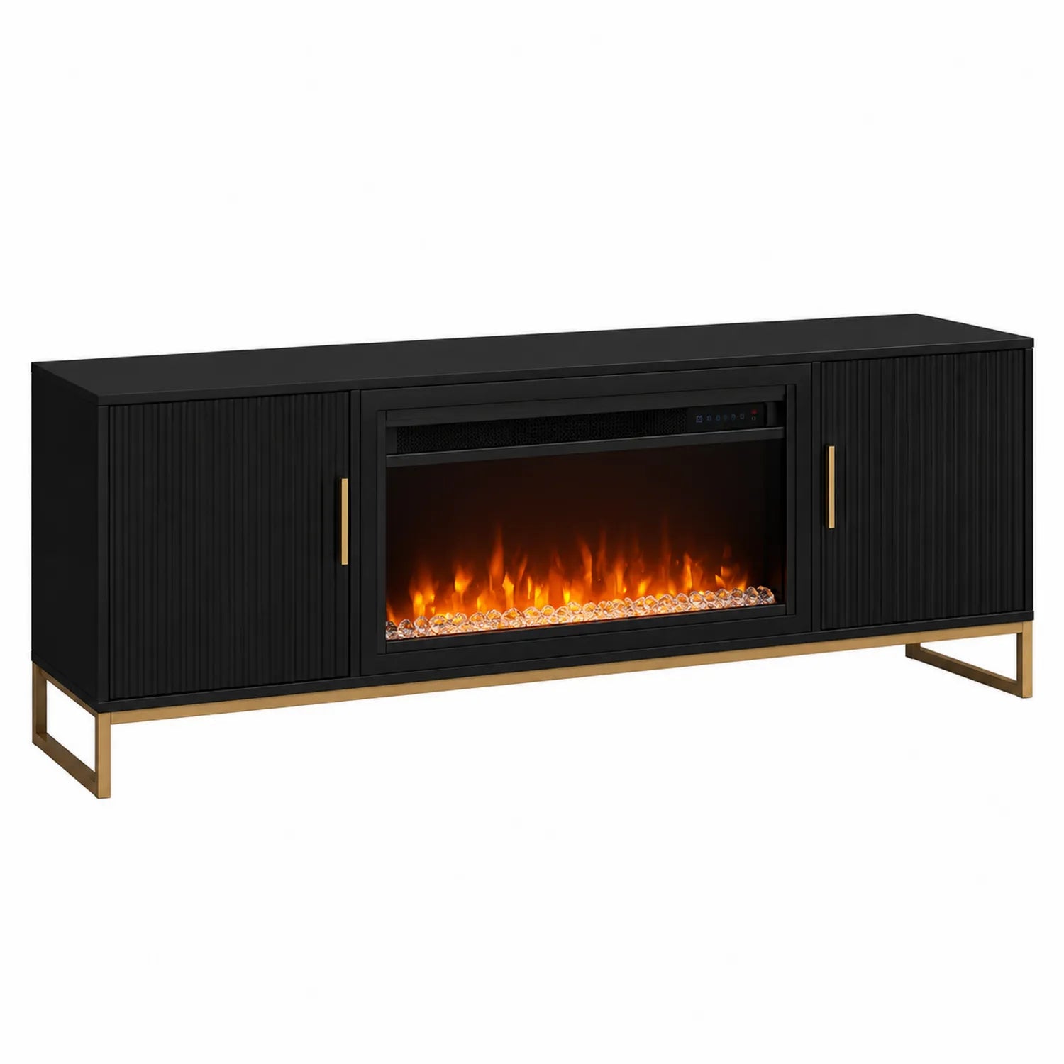 TV-Schrank mit Elektrokamin aus MDF und Stahl, Schwarz, 180 cm