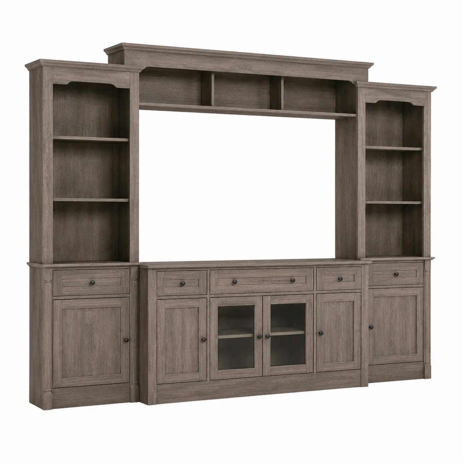 Entertainment-Center aus Holz mit Regalen und Schränken, Grau